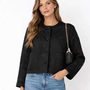 Zara Black Quilted Cropped Jacket Textured Floral small